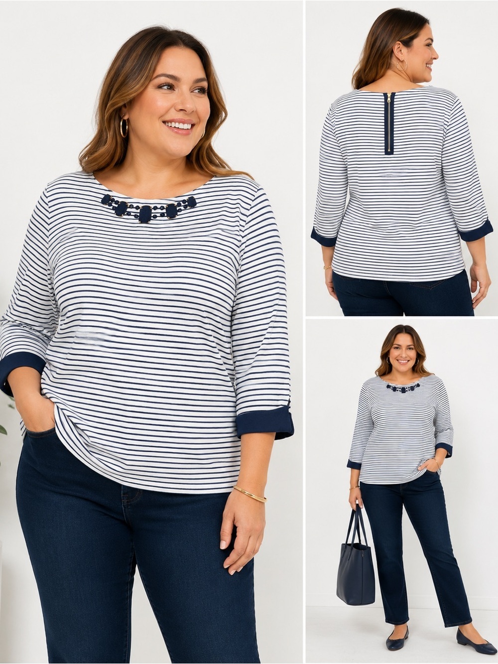 Charter Club Woman 1X White & Navy Striped Embellished Boat Neck Top 3/4 Sleeve